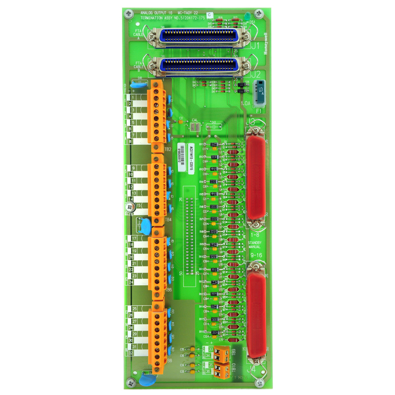 Honeywell Analog Output FTA 51204172-175 (MC-TAOY22) provides eight 4-20 mA outputs to proportioning loads, such as valves.